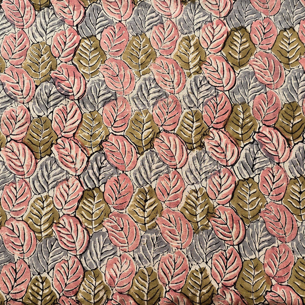 Pure Cotton Kalamkari Grey With Pink And Green Leaves  Hand Block Print Fabric