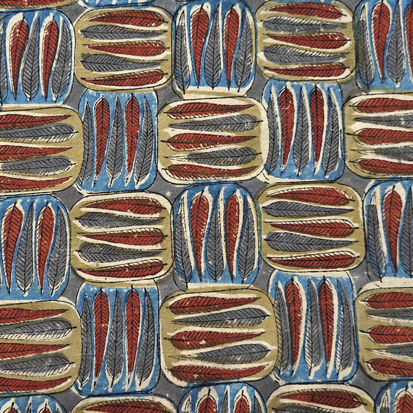 Pure Cotton Kalamkari Blue With Mehandi Green Leaves Motif  Hand Block Print Fabric