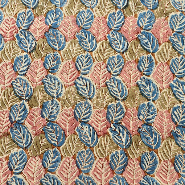 Pure Cotton Kalamkari Blue With Pink And Green Leaves Hand Block Print Fabric