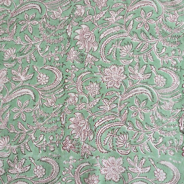 (PRE-CUT 1 .55 METER)  Pure Cotton Jaipuri Mint Green With White Flower Jaal Hand Block Print Fabric