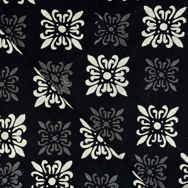 Pure Cotton Black With White Flower Design  Motif  Hand Block Print Fabric