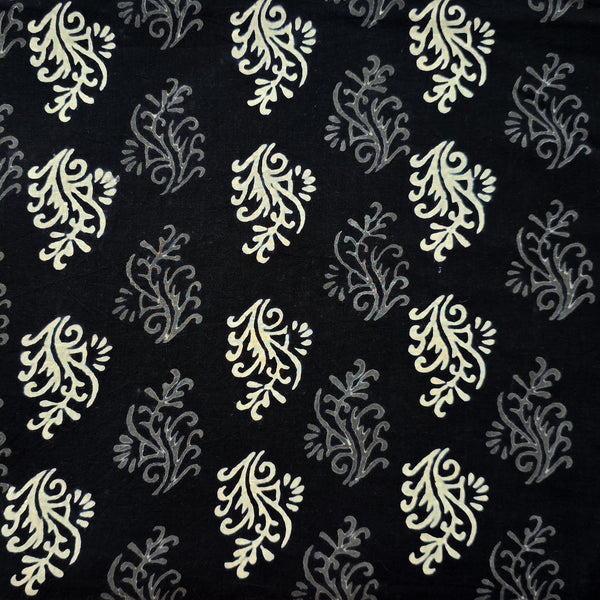Pure Cotton Black With White And Grey  Design  Motif  Hand Block Print Fabric