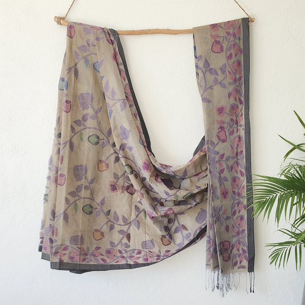 AAROHI -Pure Cotton Bengal Weaves Dark  Beige  With Floral Design Saree