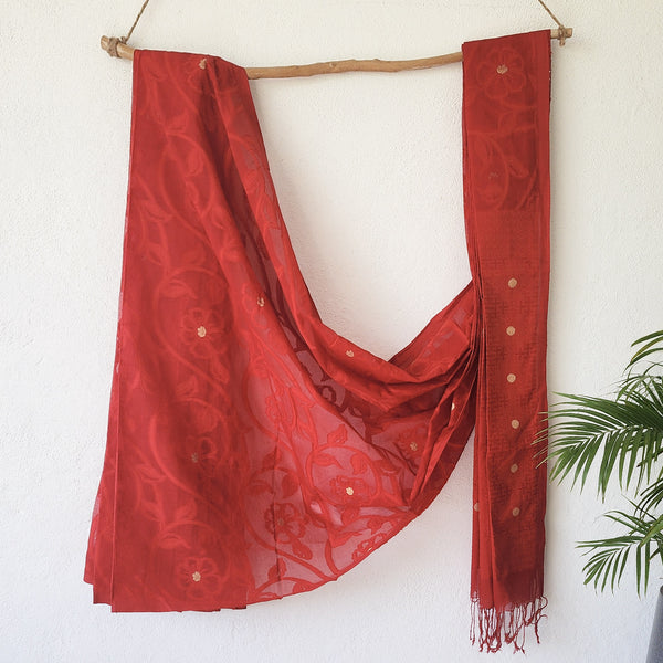 AAROHI -Pure Cotton Bengal Weaves Red With Floral Design Saree