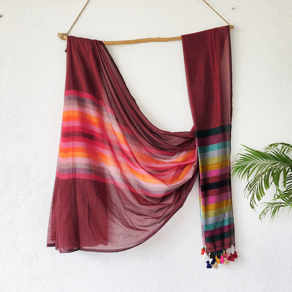 PIKU-Maroon With Multicolor Stripes Saree