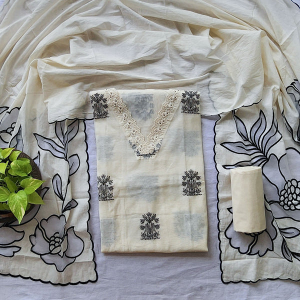 VAANI - Chanderi Off White With Black  Work Yoke Suit