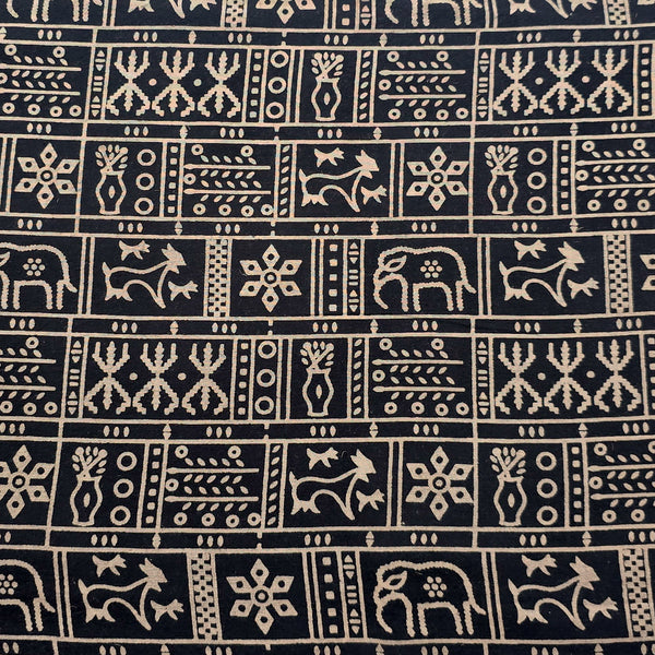 (PRE-CUT 1.60 METER) Pure Cotton Ajrak Vegetable Dyed Black With Warli Design  Hand Block Print Fabric