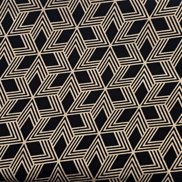 (PRE-CUT 2.30 METER) Pure Cotton Ajrak Vegetable Dyed Black With Geometrical Design  Hand Block Print Fabric