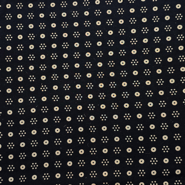 Pure Cotton Ajrak Vegetable Dyed Black With Cream Dot Flowers Hand Block Print Fabric