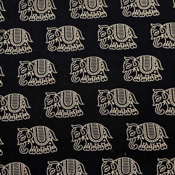 Pure Cotton Ajrak Vegetable Dyed Black With Elephant Motif Hand Block Print Fabric