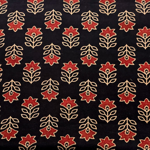 Pure Cotton Ajrak Vegetable Dyed Black With Flower Motif Hand Block Print Fabric