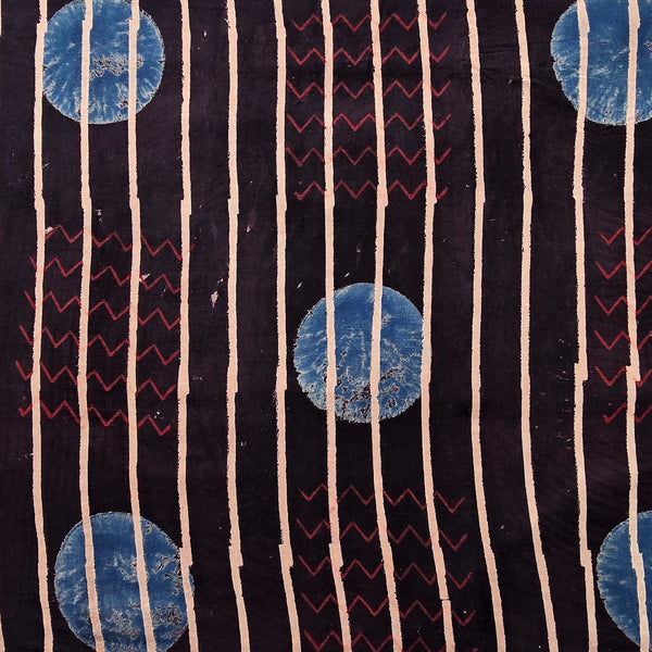 Pure Cotton Ajrak Black With Cream Polka Dot Zig Zag Intericate design Hand Block Print Fabric