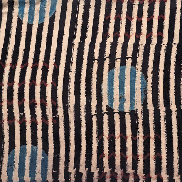 Pure Cotton Ajrak Cream With Blue Big Polka Dot With Zig Zag Intericate design Hand Block Print Fabric