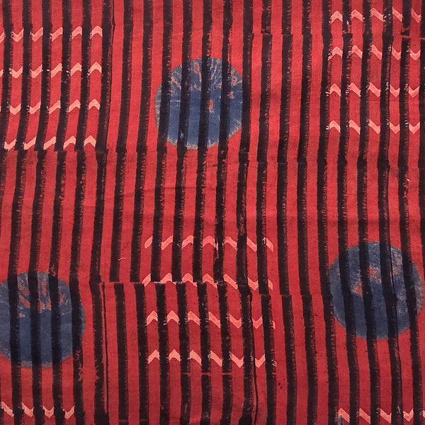 Pure Cotton Ajrak Red  With Blue Big Polka Dot Black Zig Zag Intericate design Hand Block Print Fabric