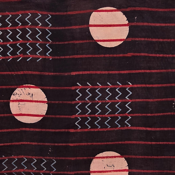 Pure Cotton Ajrak Dark Brown With Cream Big Polka Dot With Zig Zag Intericate design Hand Block Print Fabric