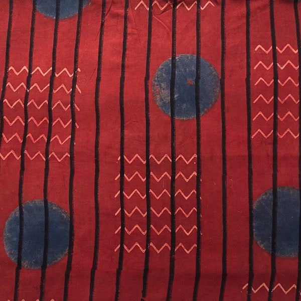 Pure Cotton Ajrak Red With Blue Big Polka Dot  Zig Zag Intericate design Hand Block Print Fabric