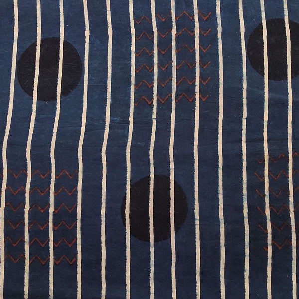 Pure Cotton Ajrak Blue With Black Big Polka Dot With Zig Zag Intericate design Hand Block Print Fabric