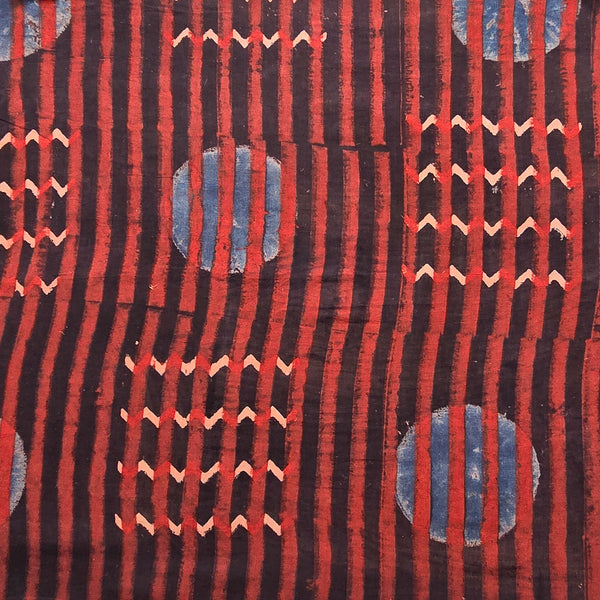 Pure Cotton Ajrak Black With Blue Big Polka Dot Zig Zag Intericate design Hand Block Print Fabric