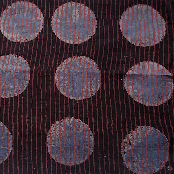 Pure Cotton Ajrak Dark Brown With Blue Big Polka Dot Stripes contemporary design Hand Block Print Fabric