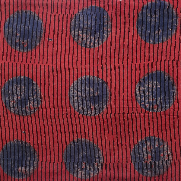 Pure Cotton Ajrak Red With Blue Big Polka Dot Stripes contemporary design Hand Block Print Fabric