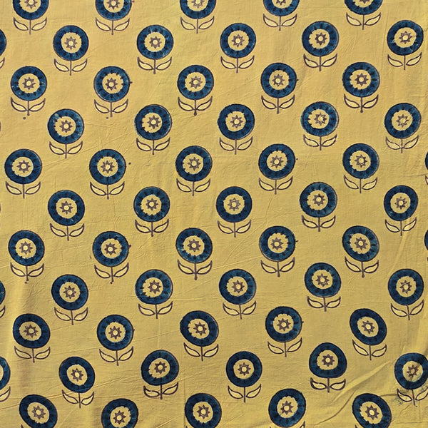 Pure Cotton Gad Ajrak Yellow With Plant Motif Hand Block Print Fabric
