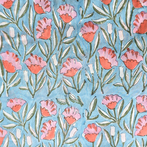 (PRE-CUT 1 METER) Pure Cotton Jaipuri Sky Blue With Flower Jaal Hand Block Print Fabric