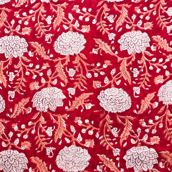 (Pre-cut 1.15 meter)Pure Cotton Jaipuri Red With White Flower Jaal Hand Block Print Fabric