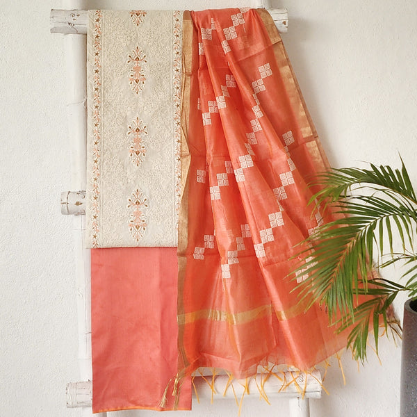 VAANI - Chanderi Off White With Orange Embroided  Suit