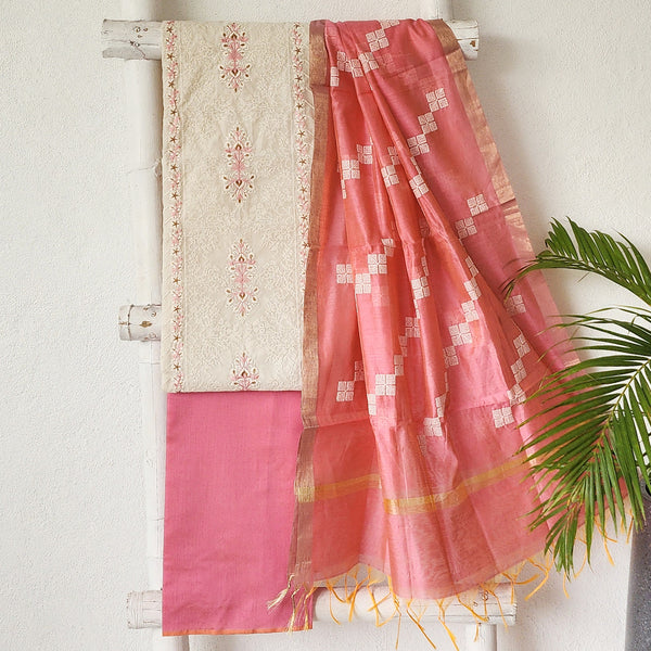 VAANI - Chanderi Off White With Pink Embroided  Suit