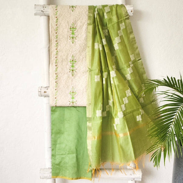 VAANI - Chanderi Off White With Green Embroided Suit