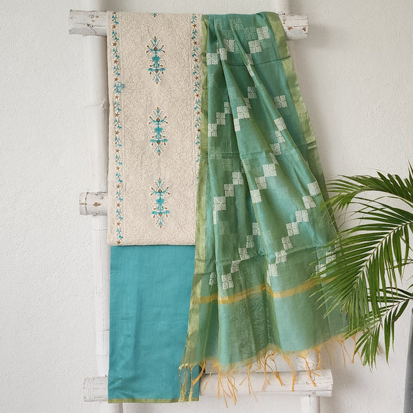 VAANI - Chanderi Off White With Teal Embroided  Suit