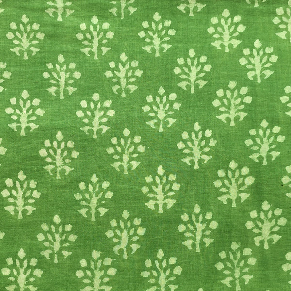 (PRE-CUT 2.30 METER) Pure Cotton Dabu Green With Plant Motif Hand Block Print Fabric