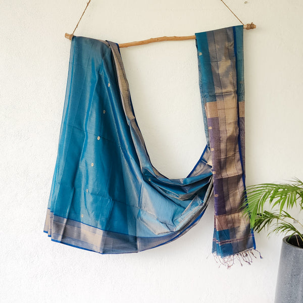 MAHESHWARI-Pure Maheshwari Shade of Teal Blue And  navy blue With Pallu Saree