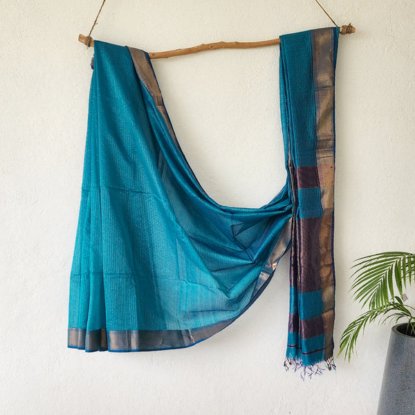 MAHESHWARI-Pure Maheshwari Light Blue of  and Navy Blue With Pallu Saree