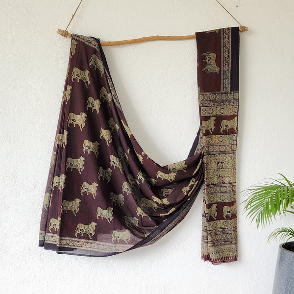 VEERA -Pure Mul Cotton Brown With Mustard Cow Motif Hand Block Print  Saree