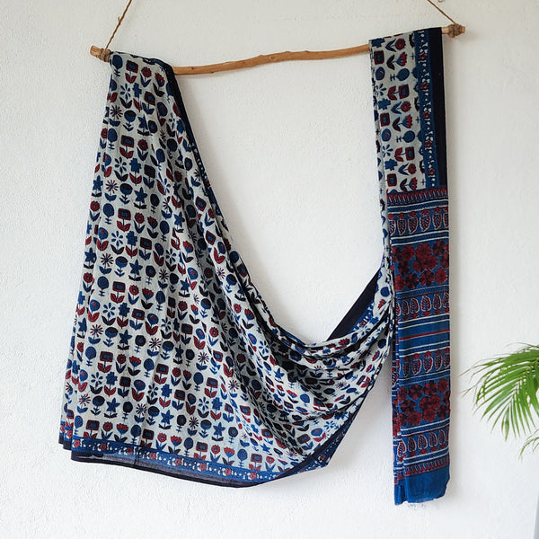 VEERA -Pure Mul Cotton Off White With Blue Flower Motif Hand Block Print  Saree