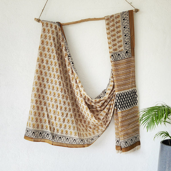 VEERA -Pure Mul Cotton Cream With Mustard Kairi Motif Hand Block Print  Saree