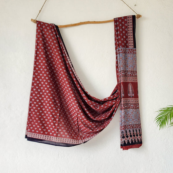 VEERA -Pure Mul Cotton Maroon With Tiny Flower Motif Hand Block Print  Saree