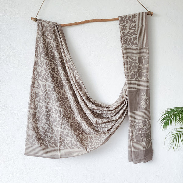 VEERA -Pure Mul Cotton Grey With Flower Jaal Hand Block Print  Saree