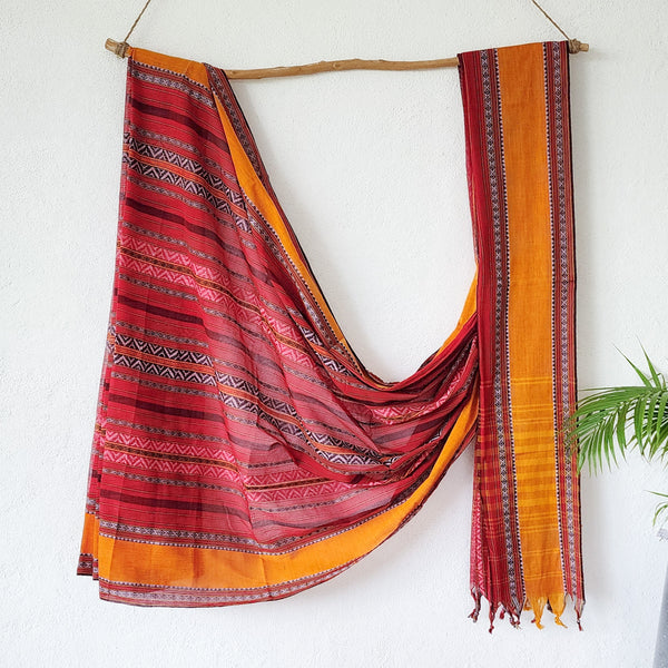 REKHA -Pure Cotton Bengal Handloom Red  With Orange  Border Design  Stipes Saree