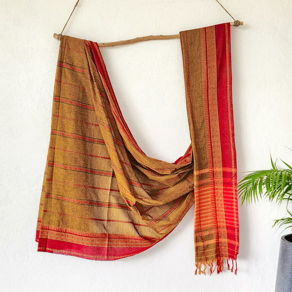 REKHA -Pure Cotton Bengal Handloom Shade Of Mustard And Black With Maroon Border Design  Stipes Saree