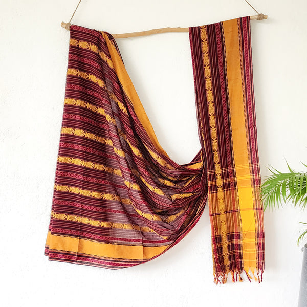 REKHA -Pure Cotton Bengal Handloom Maroon With Mustard Border Design  Stipes Saree