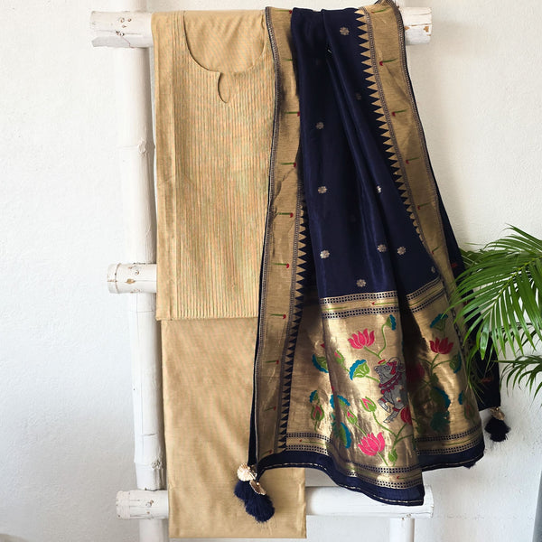 PAITHANI- Pintucks Cotton Silk Beige With Navy Blue Paithani Dupatta Suit