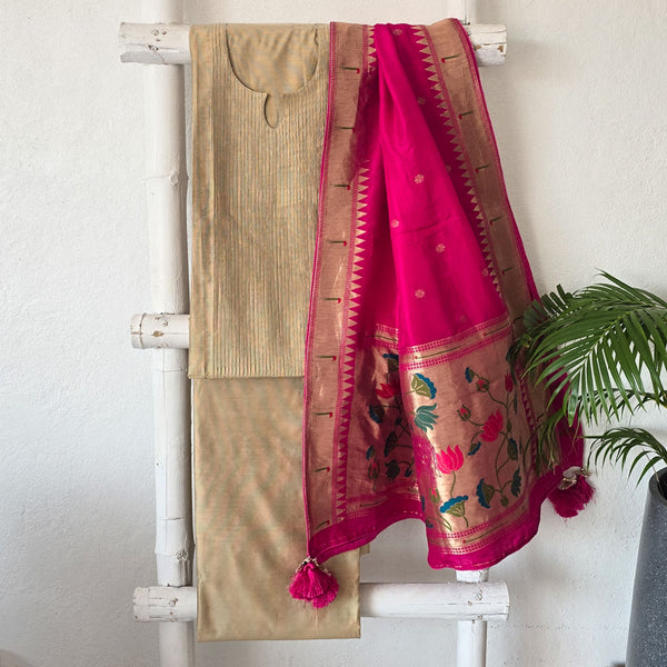 PAITHANI- Pintucks Cotton Silk Beige With Pink Paithani Dupatta Suit