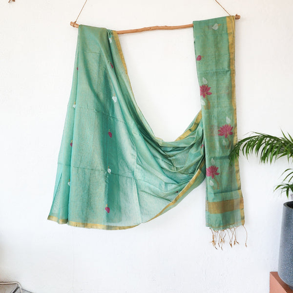 NAKSHATRA-Linen Tissue Green With Lotus Flower Gold Saree