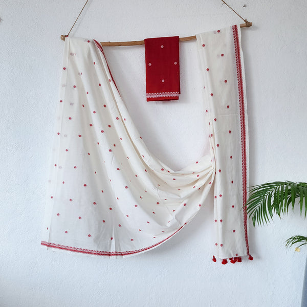 REKHA -Pure Cotton Handloom White With Red Border Design Saree