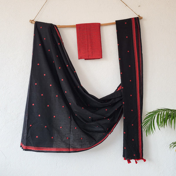REKHA -Pure Cotton Handloom Black With Red Border Design Saree