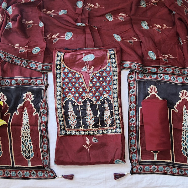 AJAYA -Modal Ajrak Maroon With Bits Wotk Yoke Suit