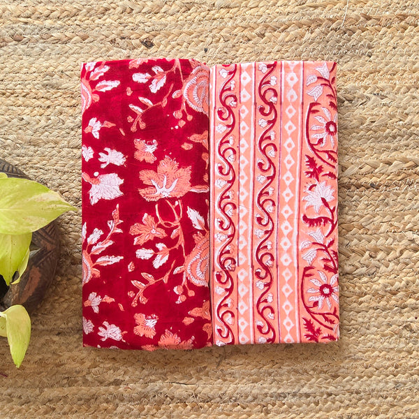 Pure Cotton Jaipuri Red With Peach Flower Jaal And Peach With Red  Hand Block Print ottom  Fabric