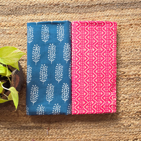 Top Bottom Combo Pure Cotton Gamthi Blue With White Flower Plant Motif And Pink With Cream Stripes Bottom Fabric (2.5 Meters Each)